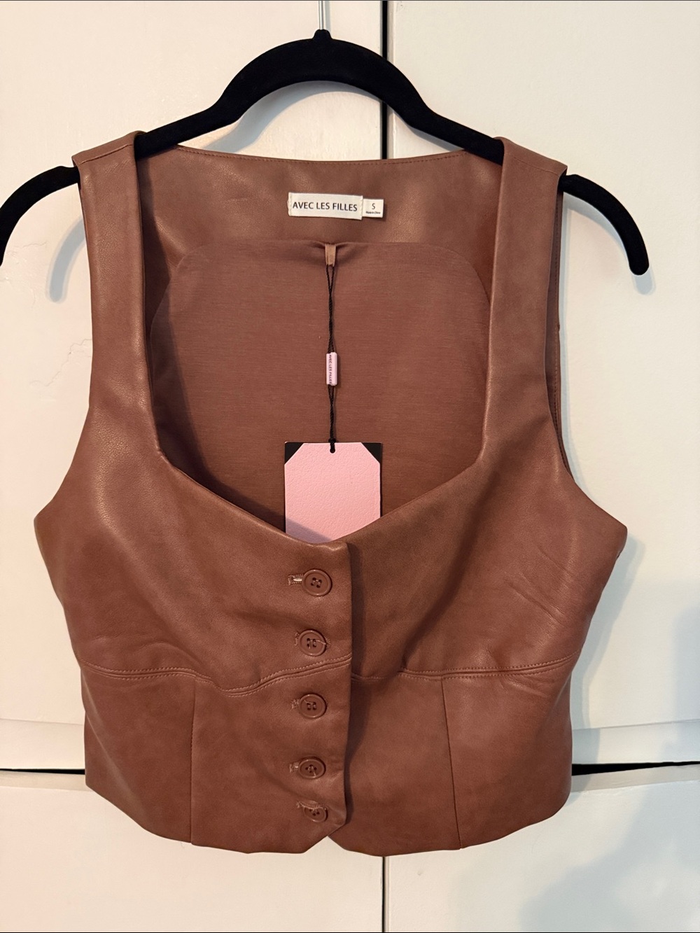 Avec Les Filles Cognac Faux Leather Button Vest